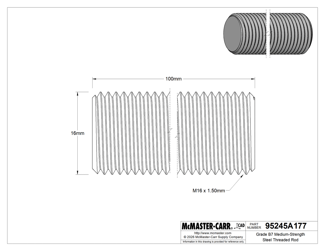Technical Drawing of Grade B7 Medium-Strength Steel Threaded Rod, Fine-Thread, M16 x 1.5 mm Thread, 100 mm Long.